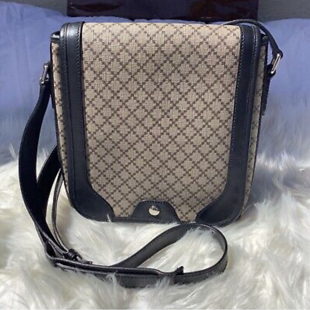 Gucci Snap Flap Messenger Bag Diamante Coated Canvas Medium Brown/ Navy Blue